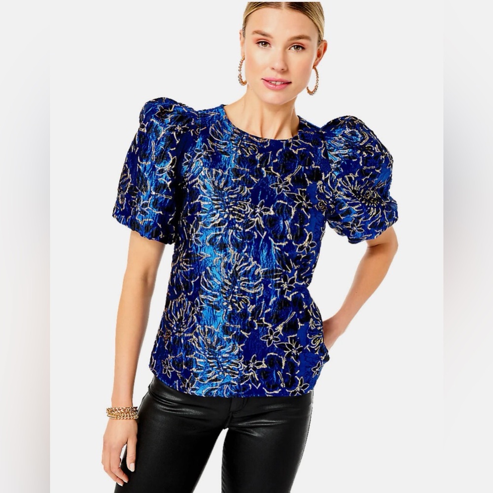Lily Pulitzer Pratt Short Sleeve Floral Brocade Twilight Grotto Blue Top XS NWT